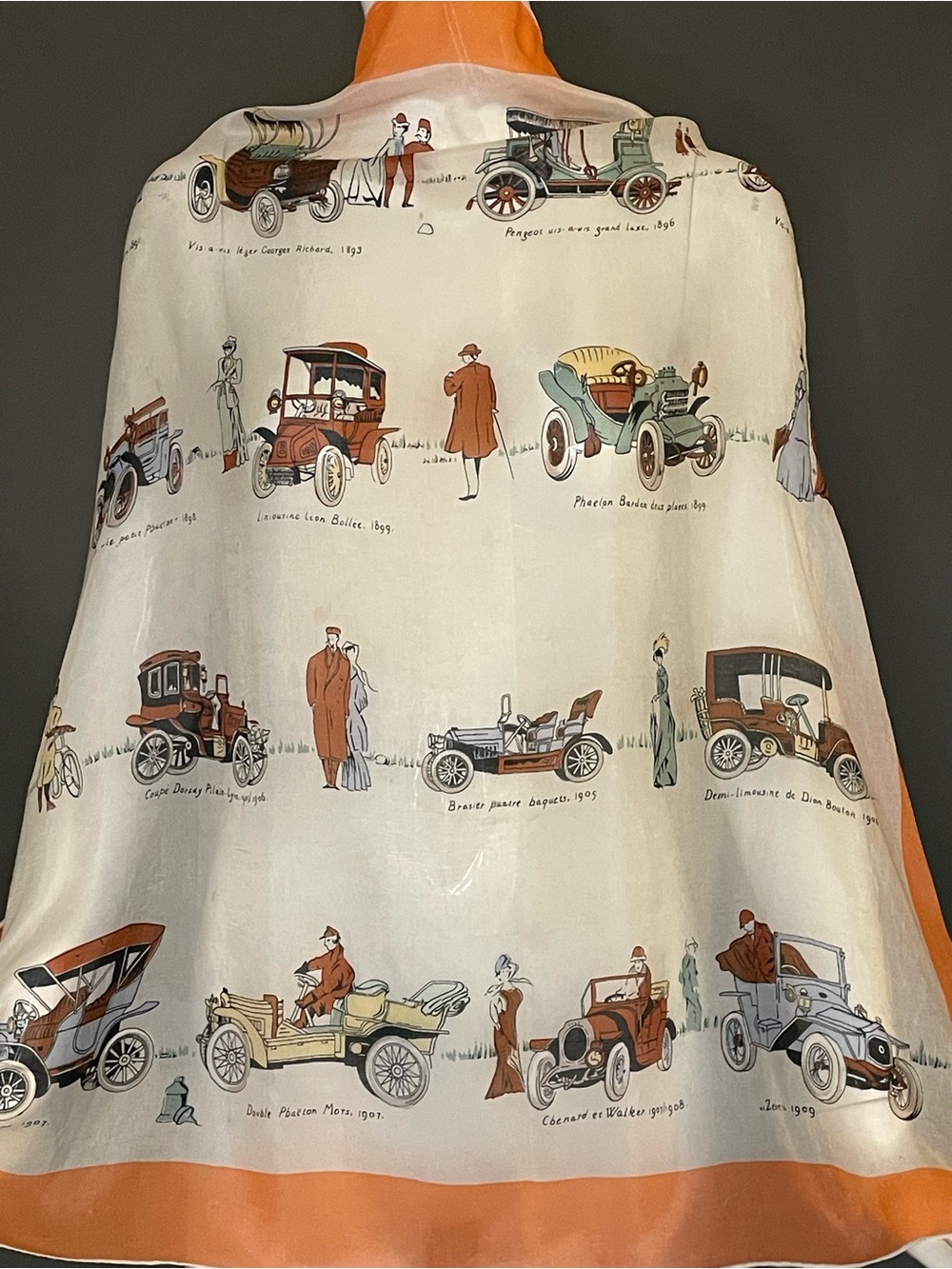 Rare Vintage Antique Car Print Silk Scarf Large 32 In Poor to Fair Condition